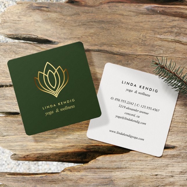 Gold lotus | Green | wellness spa massage yoga Square Business Card (Creator Uploaded)