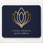 Gold lotus logo Blue | Personalised add your name Mouse Pad<br><div class="desc">Elegant business cards for massage studios,  massage therapy,  spas or wellness professionals feature a faux gold foil lotus flower illustration.
Customise the front with two lines of custom text on modern blue background using the template.
 A chic design for any wellness industry or holistic health related profession</div>