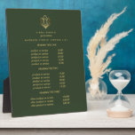 Gold Lotus  logo green | spa massage pricing Plaque<br><div class="desc">Understated design displays your services, price list or business information beneath an illustration of a lotus flower in faux gold foils and your name or business name. Includes three customisable headings and body text fields. To adjust layout, enter your text and then use the Customise function to change positioning and...</div>