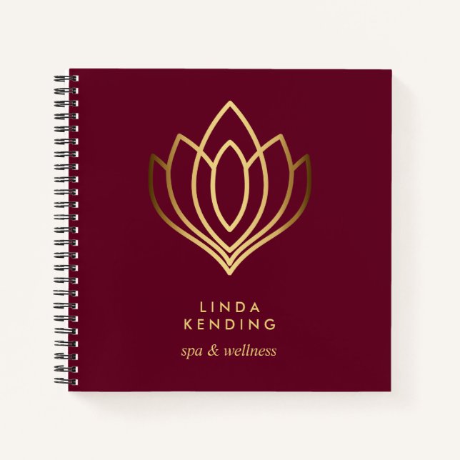 Gold Lotus Logo | RUBY RED | Personalised Monogram Notebook (Front)