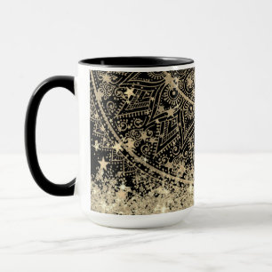 Gold Lotus Mandala Gold Stars Glitter on Black Mug