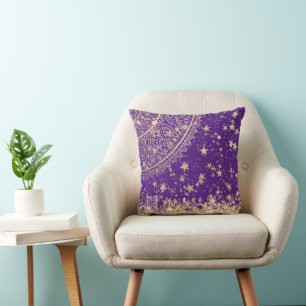 Gold Lotus Mandala with Gold Stars on Purple  Cushion