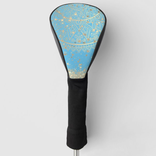 Gold Lotus Mandala with Gold Stars on Turquoise    Golf Head Cover (Front)