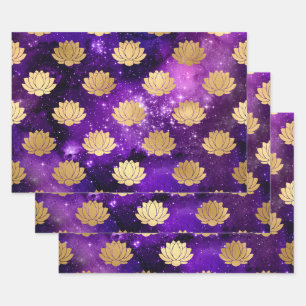 Gold Lotus on Purple Galaxy Wrapping Paper Sheet