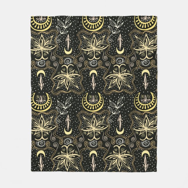 Gold lotuses seamless crescent pattern. Golden col Fleece Blanket (Front)