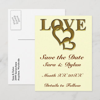 Gold Love and Hearts Save the Date Postcard
