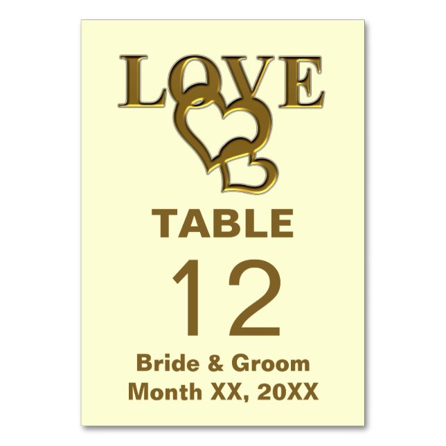Gold Love and Hearts Wedding Table Card (Front)