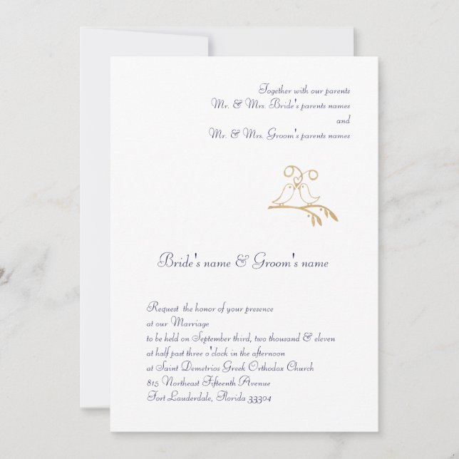 Gold Love Birds Invitation (Front)