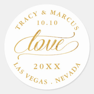 Gold Love Calligraphy Wedding Classic Round Sticker
