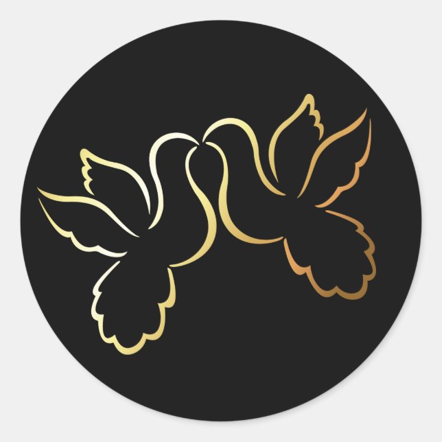 Gold Love Doves Black Wedding Sticker / Label (Front)