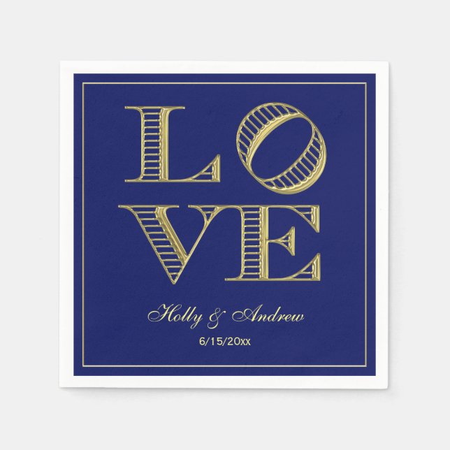 Gold LOVE Graphic Text Napkins DIY Navy Blue BG (Front)