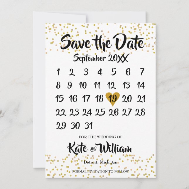 Gold Love Heart Calendar Save The Date (Front)