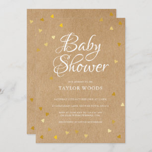 Gold Love Hearts Baby Shower Rustic Kraft Boho Invitation