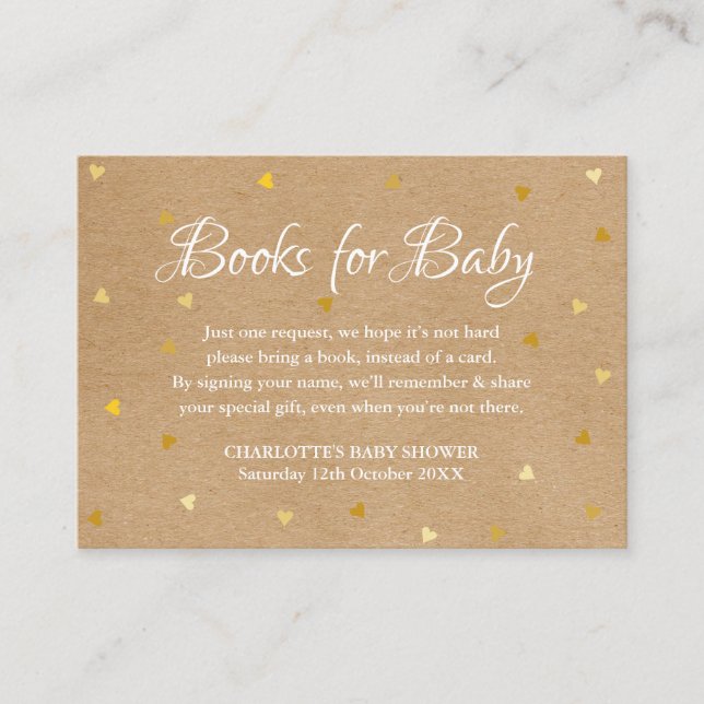 Gold Love Hearts Book Request Baby Shower Boho Enclosure Card (Front)