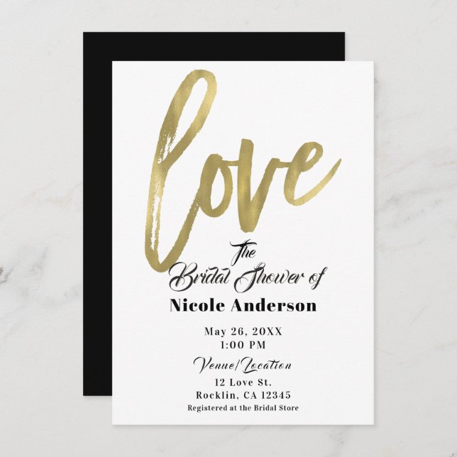 Gold LOVE Modern Brush Script Wedding Invitation (Front/Back)