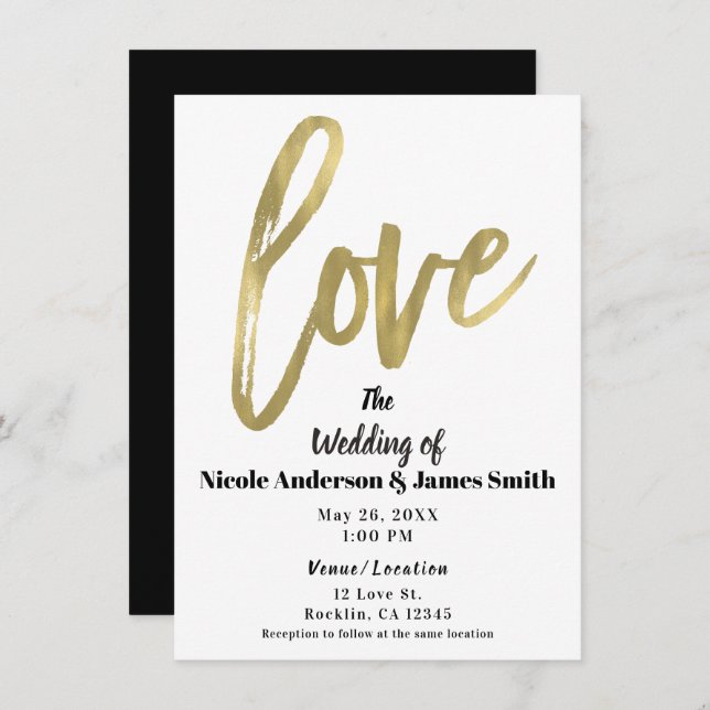 Gold LOVE Modern Brush Script Wedding Invitation (Front/Back)