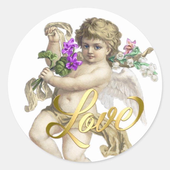 Gold Love with Cherub Classic Round Sticker (Front)
