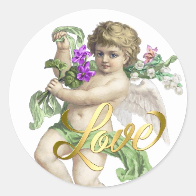Gold Love with Cherub Rose Green Classic Round Sticker (Front)