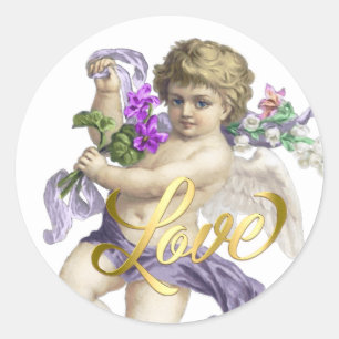 Gold Love with Cherub Rose Purple Classic Round Sticker