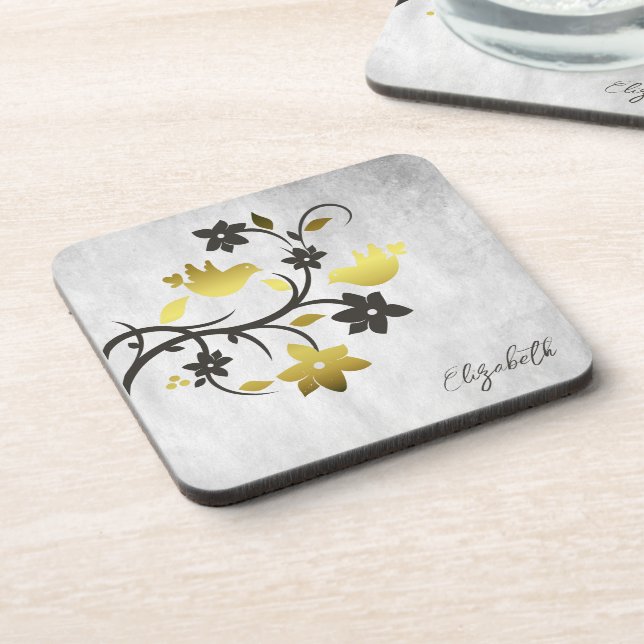 Gold Lovebirds Beverage Coaster (Left Side)