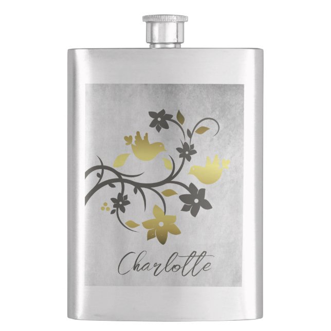 Gold Lovebirds Personalised Flask (Front)