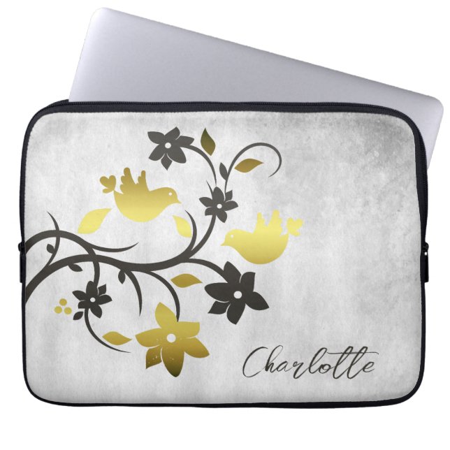 Gold Lovebirds Personalised Laptop Sleeve (Front)
