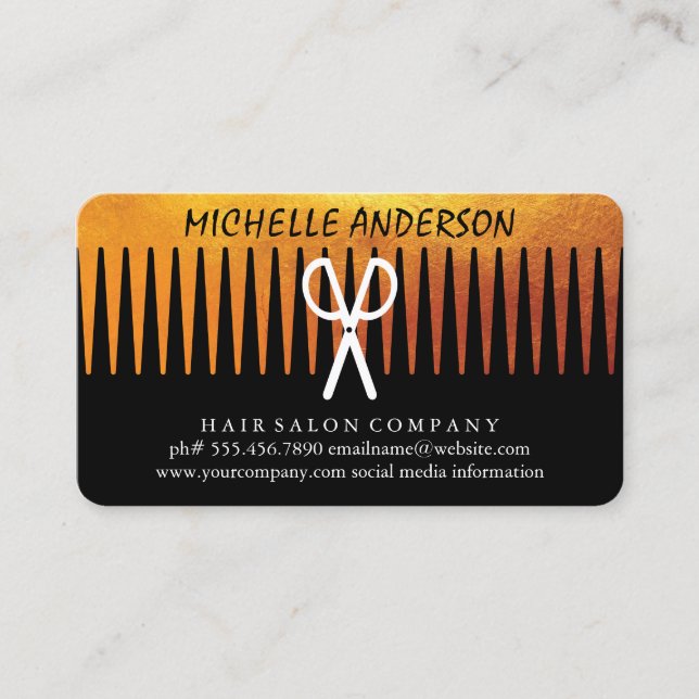 Gold Luxe Comb Scissors Hair Stylist Business Card (Front)