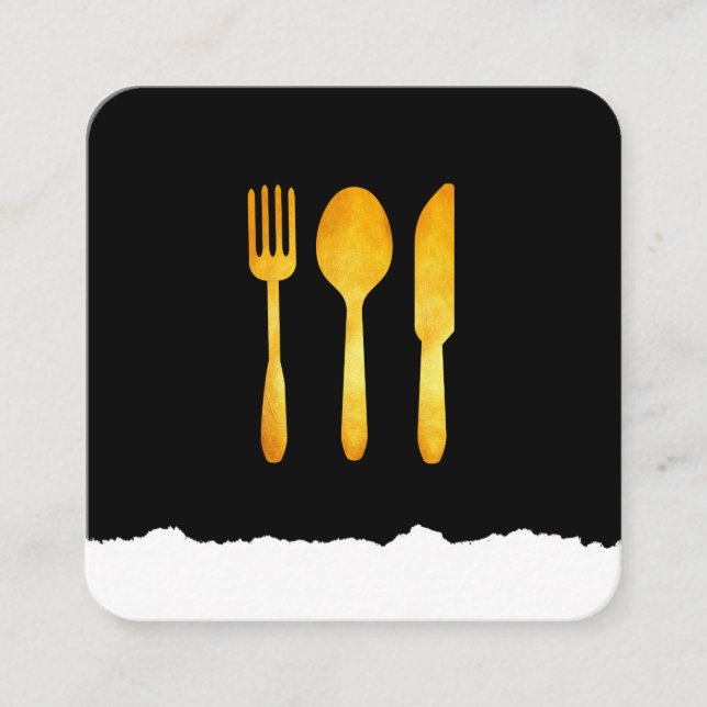 Gold Luxe Food Utensils Square Business Card (Front)