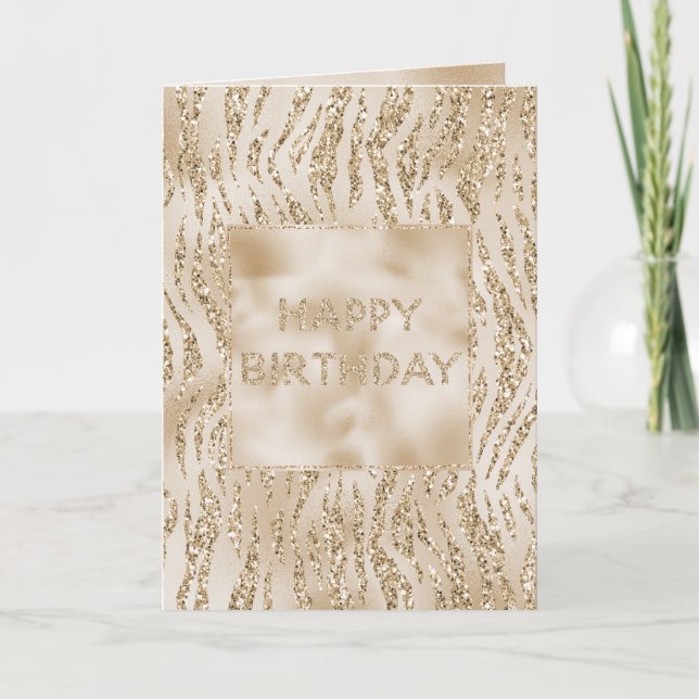 Gold Luxe Glitter Zebra Print Birthday Card (Front)
