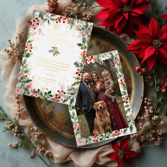 Gold Luxurious Classy Christmas Holly Branches  (Gold Luxurious Classy Christmas Holly Branches Frame with Photo Back Foil Holiday Cards. )