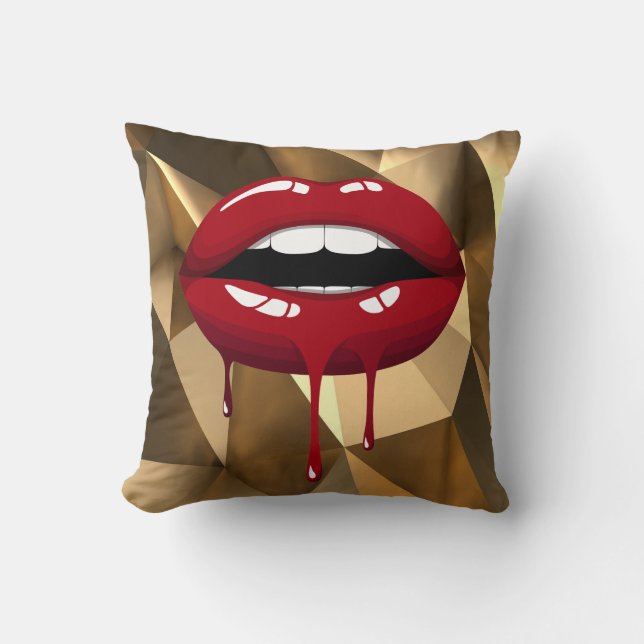 Gold Luxury Beauty Glamour Red Drip Dripping Lips Cushion (Front)