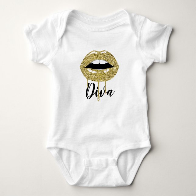 Gold Luxury Beauty Glitter Drip Dripping Lips Baby Bodysuit (Front)