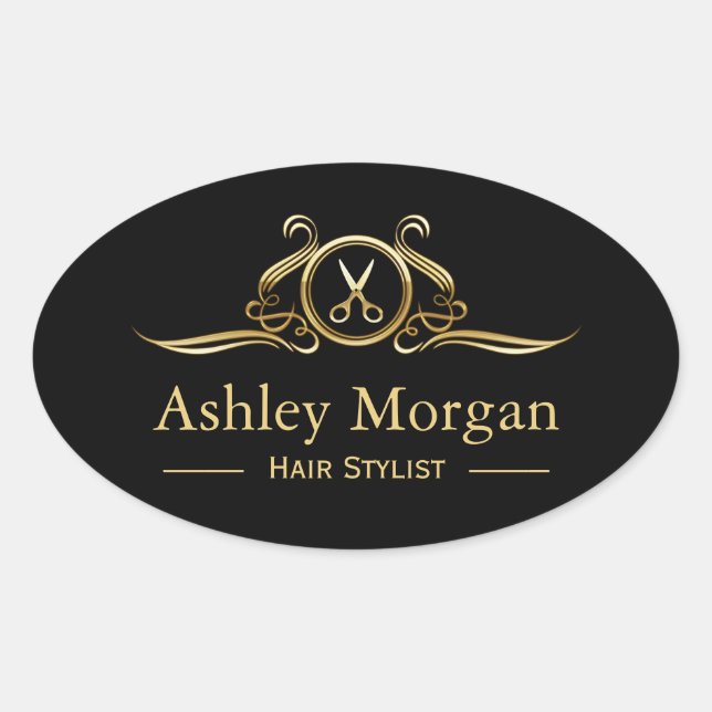 Gold Luxury Beauty Salon Hair Cut Scissor Logo Oval Sticker (Front)