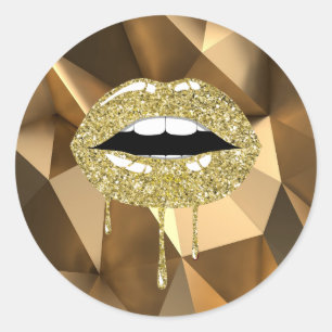Gold Luxury Glam Faux Glitter Drip Dripping Lips Classic Round Sticker