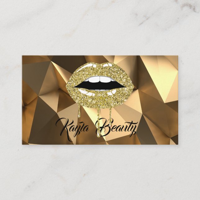 Gold Luxury Glam Glitter Drip Dripping Lips Makeup Business Card (Front)