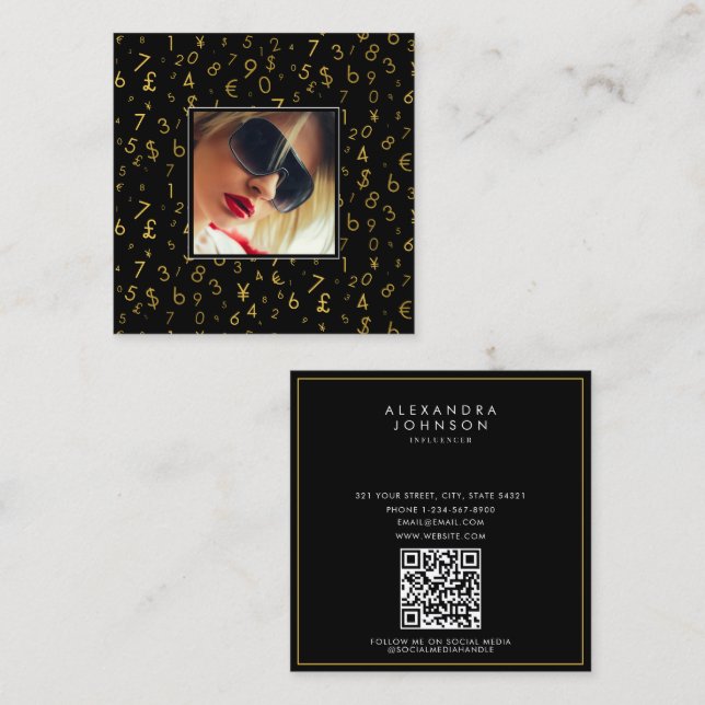 Gold Luxury Number Currency Influencer Photo Square Business Card (Front/Back)