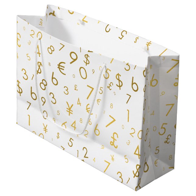 Gold Luxury Numbers & Currency Symbols Pattern Large Gift Bag (Front Angled)