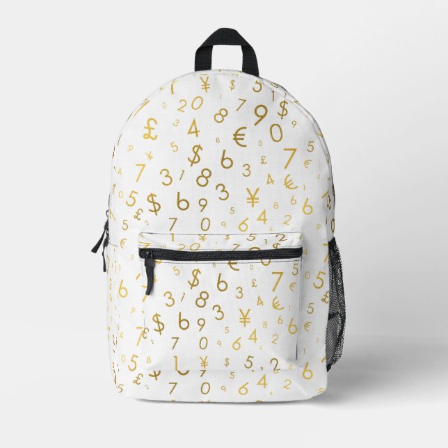 Gold Luxury Numbers & Currency Symbols Pattern Printed Backpack (Front)