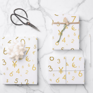 Gold Luxury Numbers & Currency Symbols Pattern Wrapping Paper Sheet
