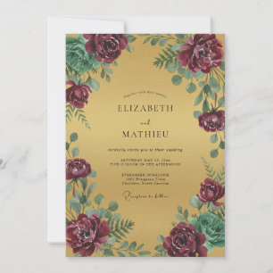 Gold Magenta Peony Wedding Invitation