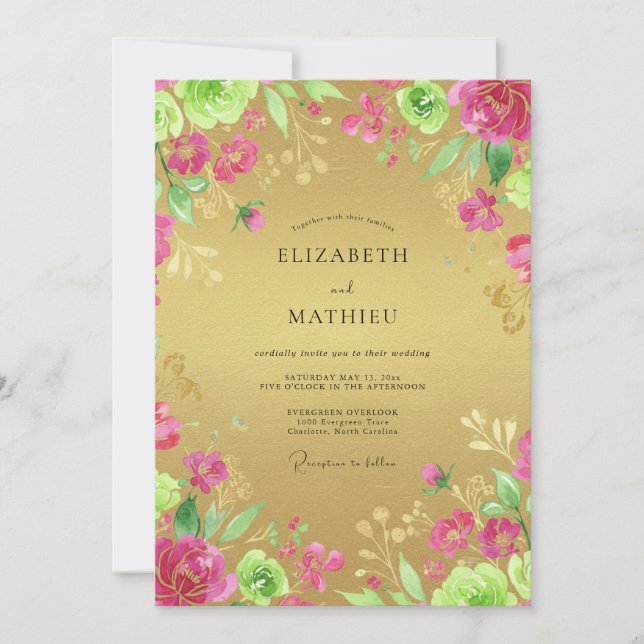 Gold Magenta Ranunculus Eucalyptus Wedding Invitation (Front)