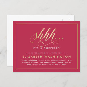 Gold & Magenta Surprise Birthday Party Invitation Postcard