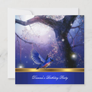 Gold Magical Blue Birds Blue Birthday Party Invitation
