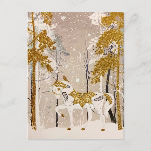 Gold Magical Snowy Forest Unicorn Nature Holiday Postcard (Front)