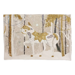 Gold Magical Snowy Forest Unicorn Nature Pillowcase