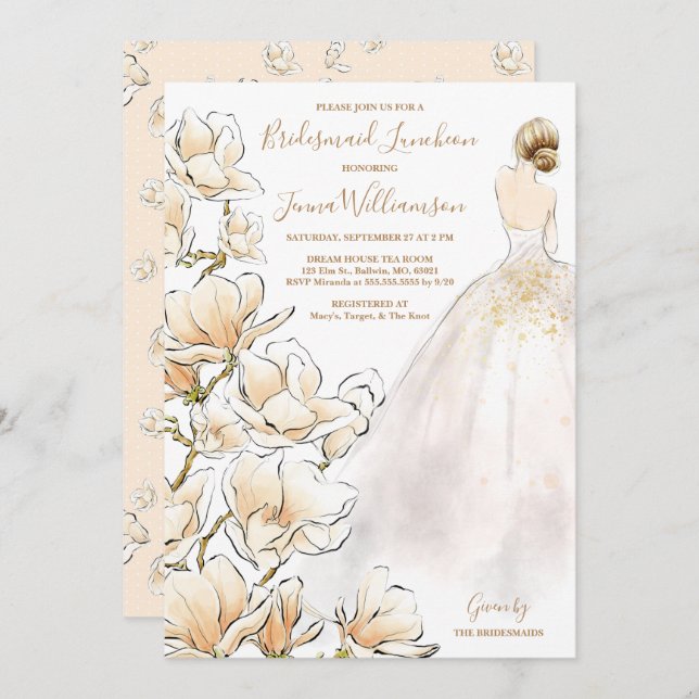  Gold Magnolia Bridesmaid Luncheon  Invitation (Front/Back)