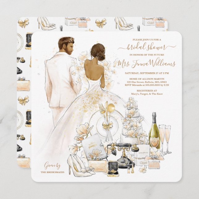Gold Magnolia Dark Bride Bridal Shower Invitation (Front/Back)