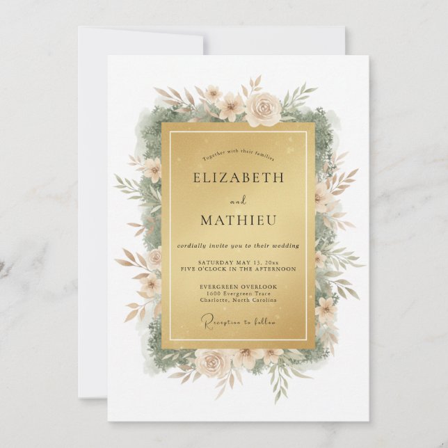 Gold Majestic Spring Floral Wedding Invitation (Front)
