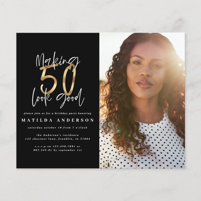 Gold making 50 look good photo birthday invitation (Front)