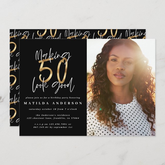 Gold making 50 look good photo birthday invitation (Front/Back)